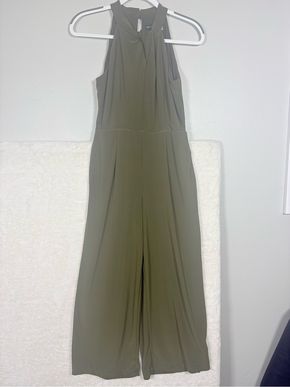 Nina Leonard Olive Green Wide-Leg Jumpsuit Small 0673